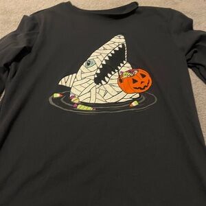 Cat and Jack Halloween shirt with mummy shark and pumpkin bucket, long sleeve.